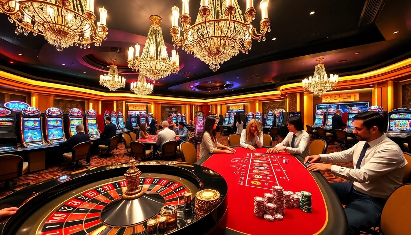 Experience the excitement of 9BET with players at a glamorous casino table.