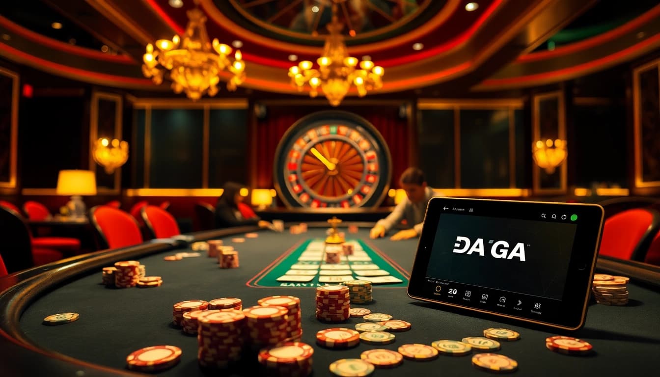 Daga online poker players strategizing at an elegant casino table with vibrant chips and cards.
