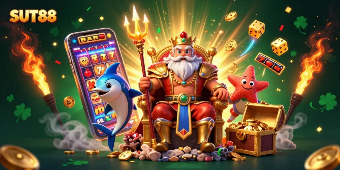 SUT88 casino slots scene featuring Neptune with gold coins, slot machines, and vibrant casino elements