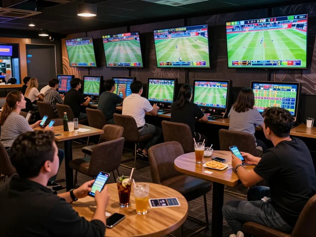 keobongda enthusiasts engaging in dynamic sports betting with live screens and smartphones