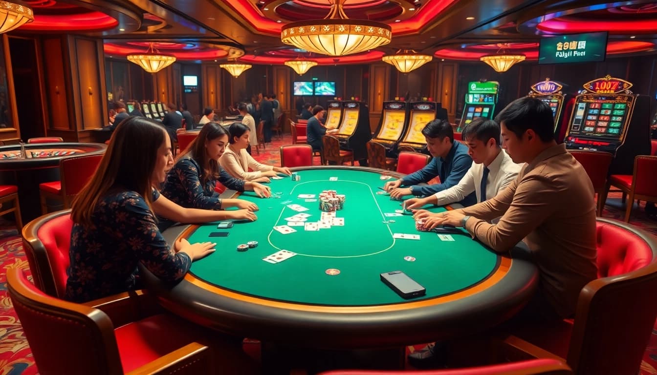 Excited players enjoying Game bài 98win at a luxurious online casino table with vibrant lighting.