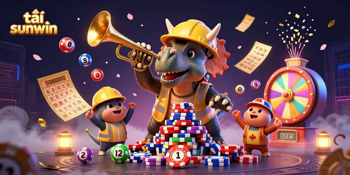 Experience the excitement of tải sunwin with a dynamic 3D scene of a triceratops and a parasaurolophus celebrating in a vibrant casino.