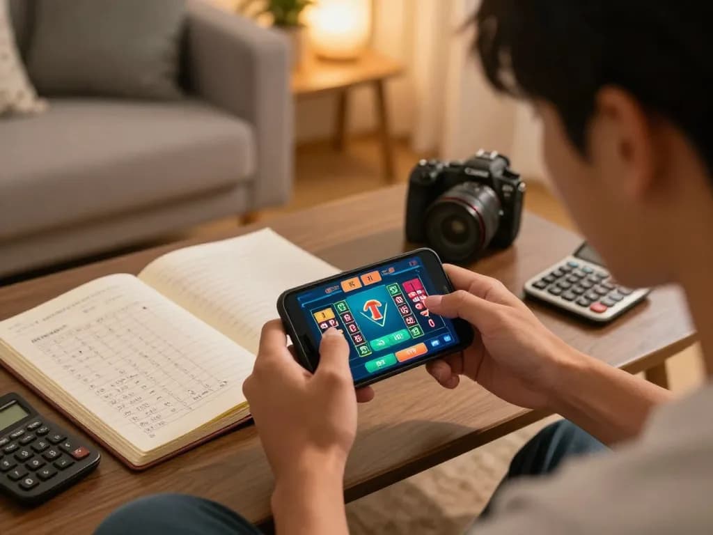 Engaged player focused on Tài Xỉu online betting strategy in a cozy home setting.