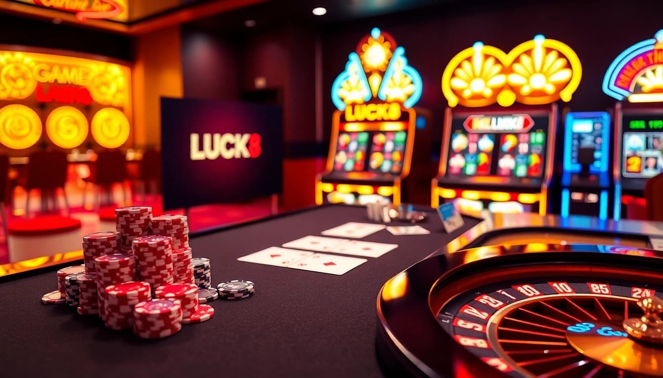 Engaging scene of gamblers enjoying Game LUCK8 at an upscale casino table with vibrant poker chips.