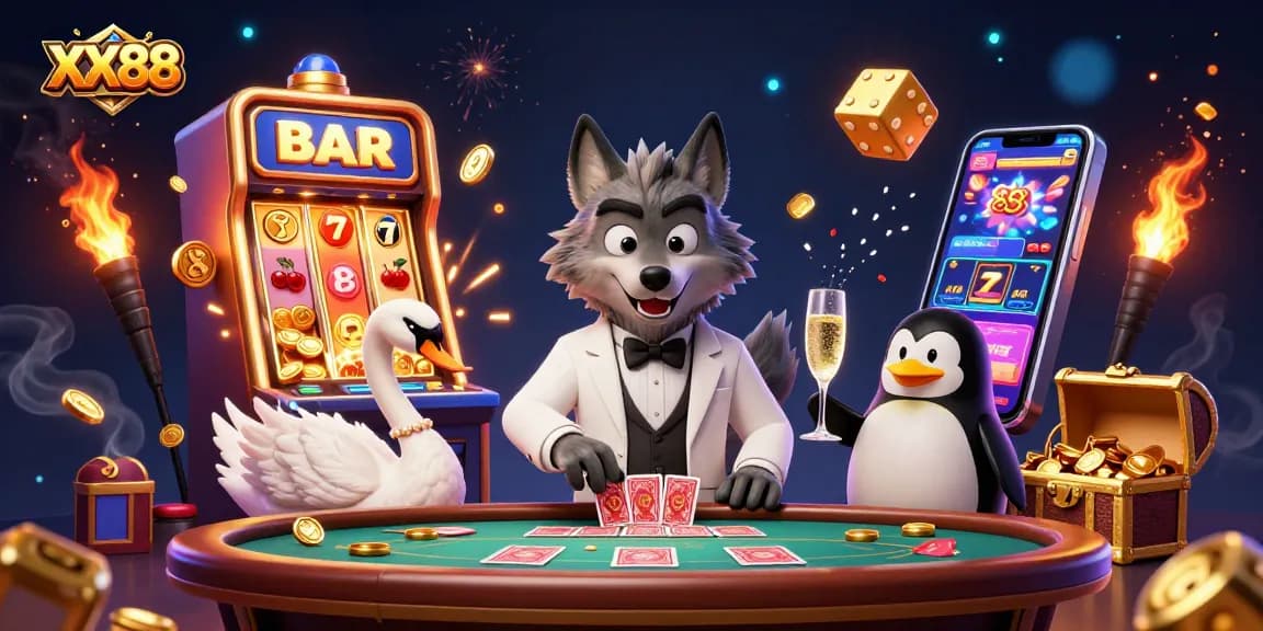 Experience top-tier gaming at XX88 with a vibrant illustration of baccarat and slots in action.