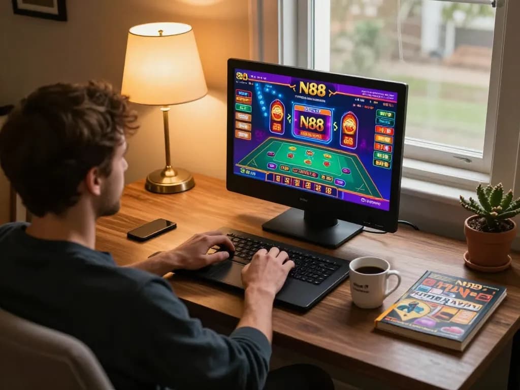 N88 offers an engaging online casino gaming experience with a cozy home setup showcasing excitement and strategy.