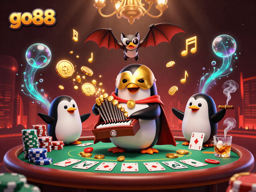 Engage with go88's thrilling casino atmosphere featuring a penguin playing organ, poker elements, and golden coins.