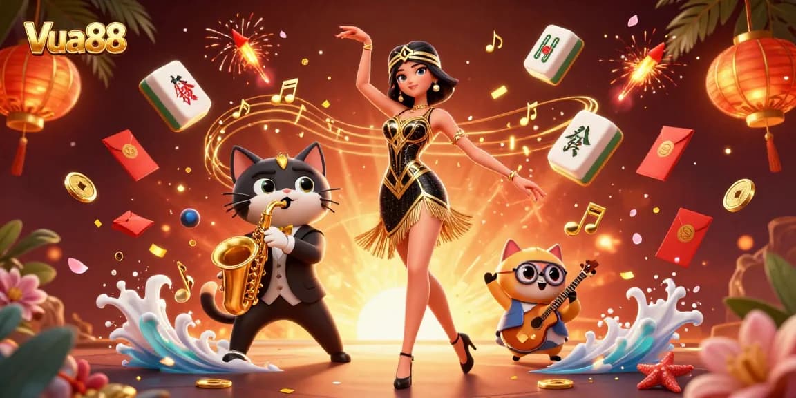 Engage in exciting gaming at Vua88, where a glamorous scene blends celebration and luck with vibrant casino elements.