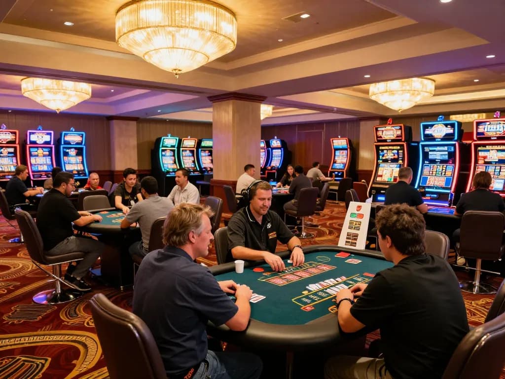 TWIN68 players engaged in exciting casino gameplay at a vibrant gaming venue, showcasing strategic betting.
