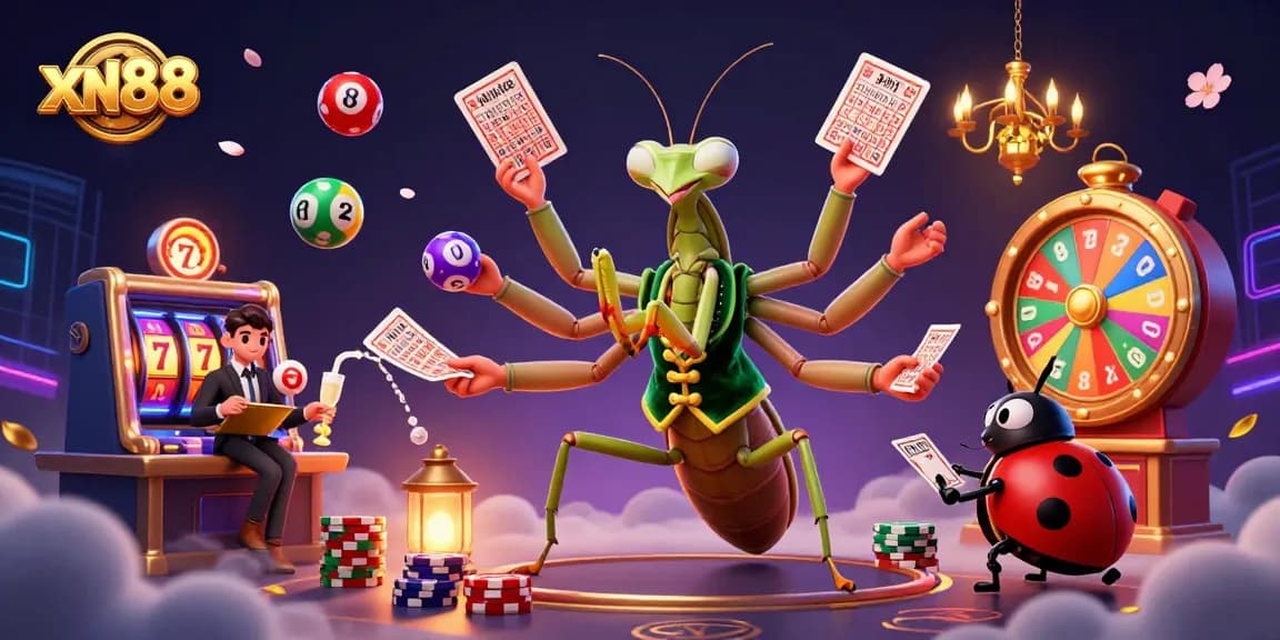 Experience xn88 with a vibrant casino scene featuring unique characters and game elements.