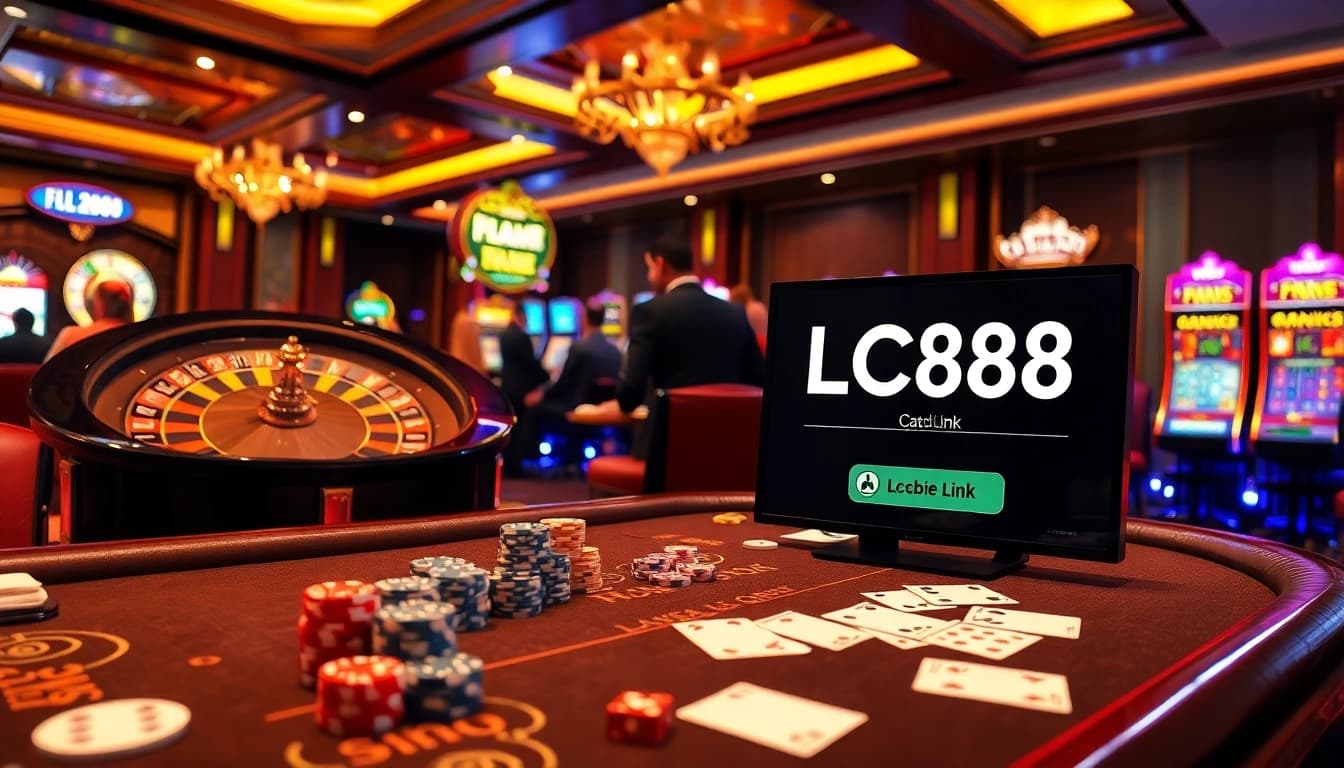 Engage in thrilling casino activities at LC88 Link, featuring poker chips and vibrant slot machines.