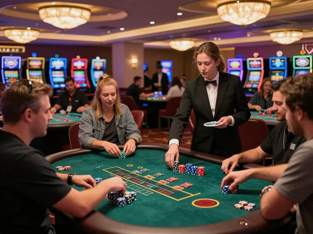 Engaging scene of players placing bets at blackjack tables in a vibrant casino featuring Go 88 action.