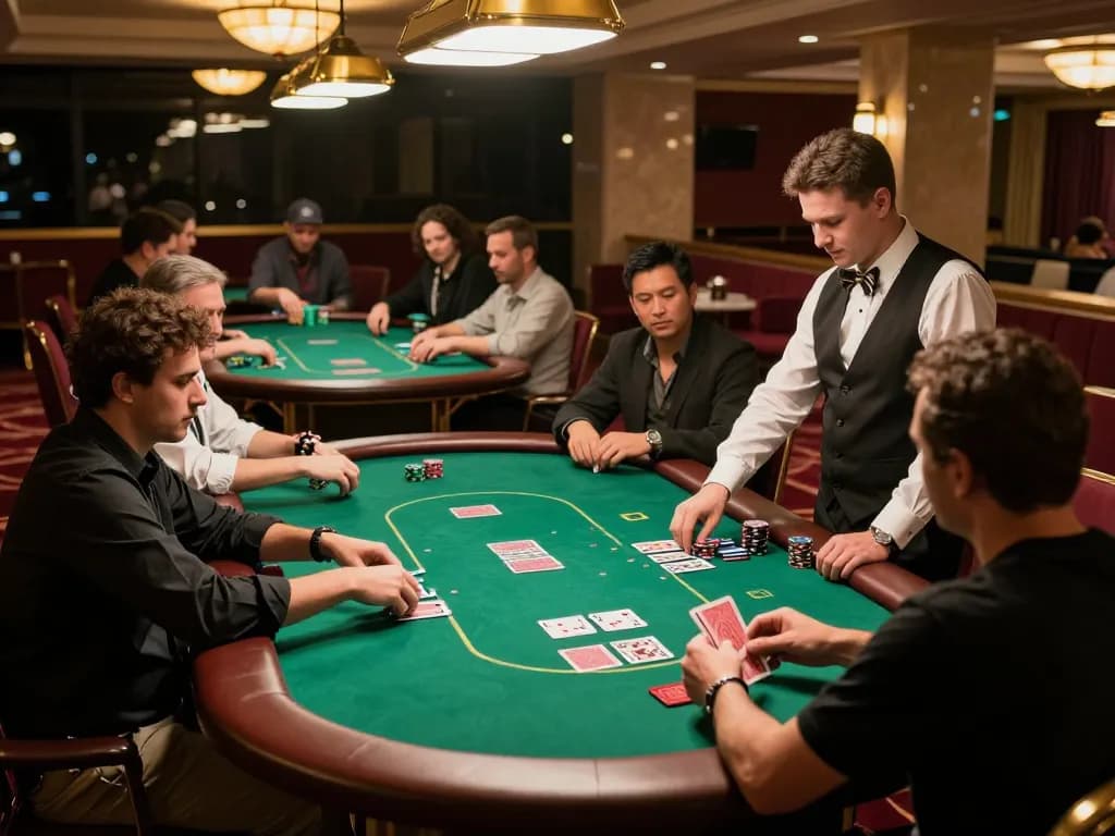 Engaged players at KK55's lively poker game, showcasing expert gameplay and excitement.