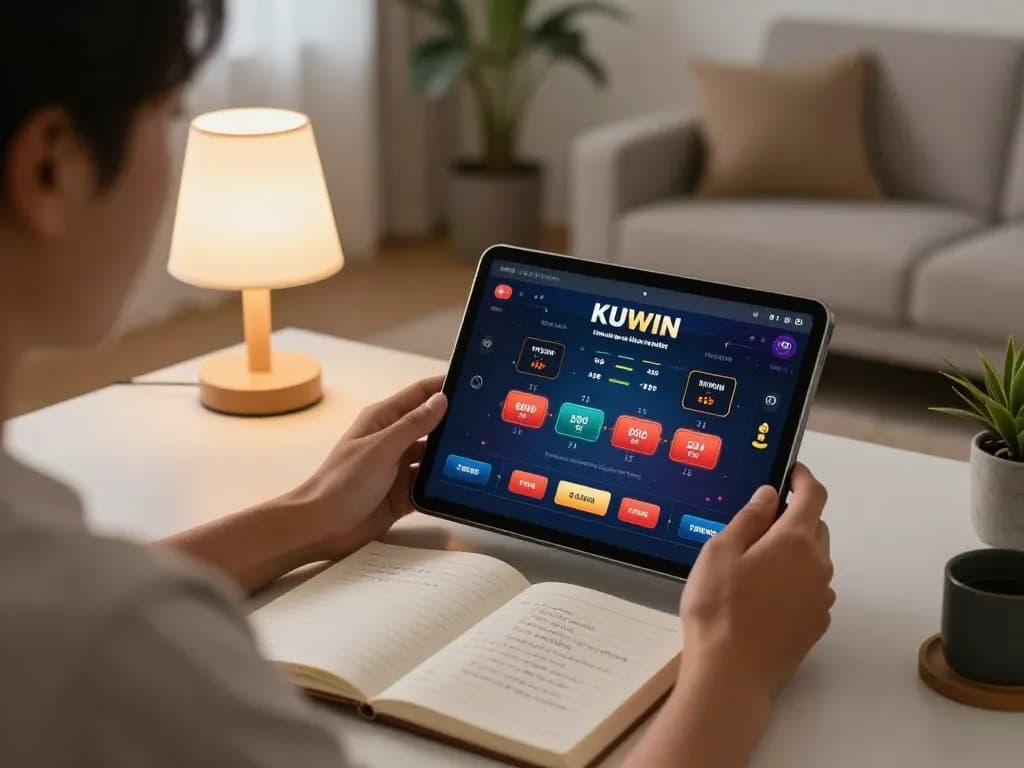 Engaging in a KUWIN online casino game on a tablet at home, showcasing a strategic betting environment