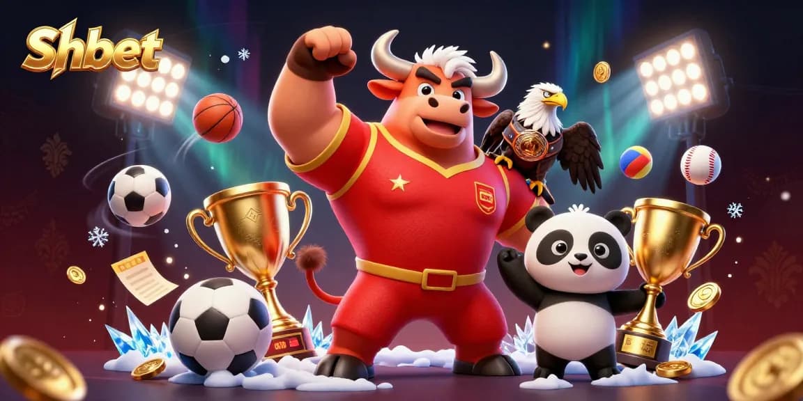 Shbet presents an exciting victory scene with a bull mascot, eagle, and panda celebrating amidst dynamic sports elements.