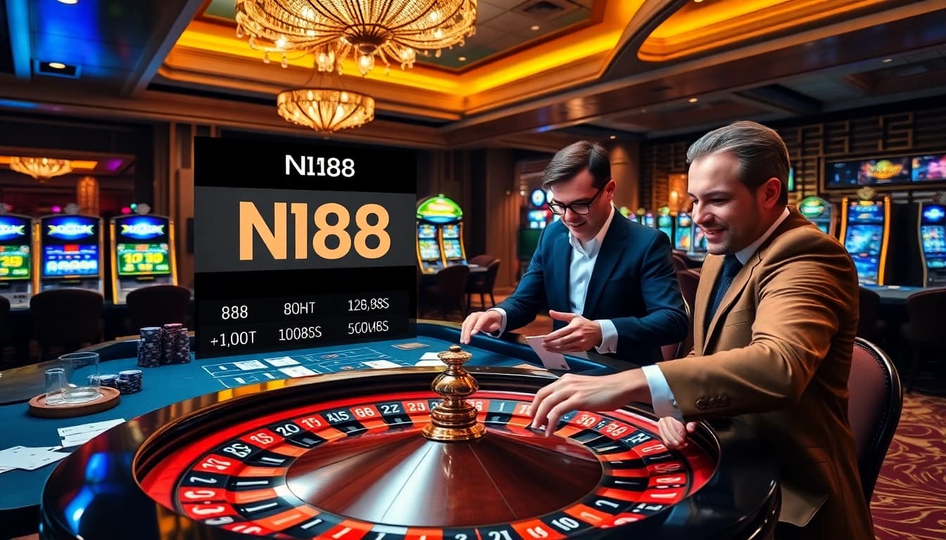 Engaged players enjoying a thrilling moment at N188 casino with roulette and cards.