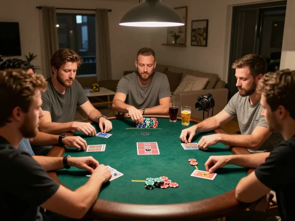 Players engaging in a friendly poker game using onbet strategies in a cozy home atmosphere