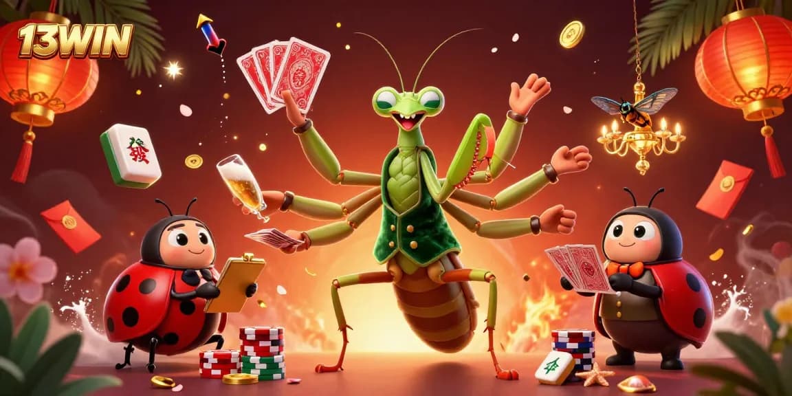 Engage with 13WIN as a giant praying mantis card sharp and ladybug pit boss create a vibrant casino atmosphere.