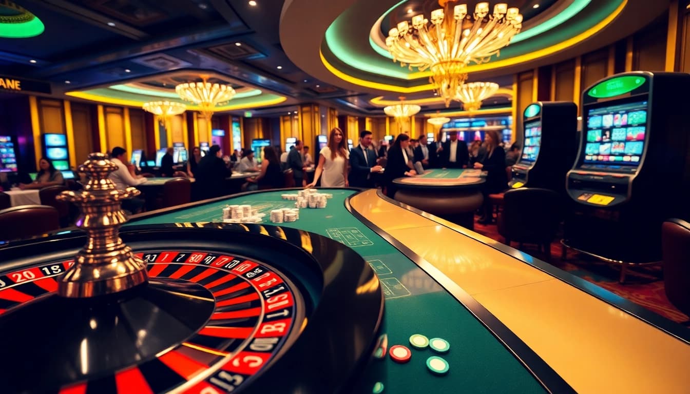 Exciting casino action at 888VND COM with roulette wheel, poker chips, and vibrant players.