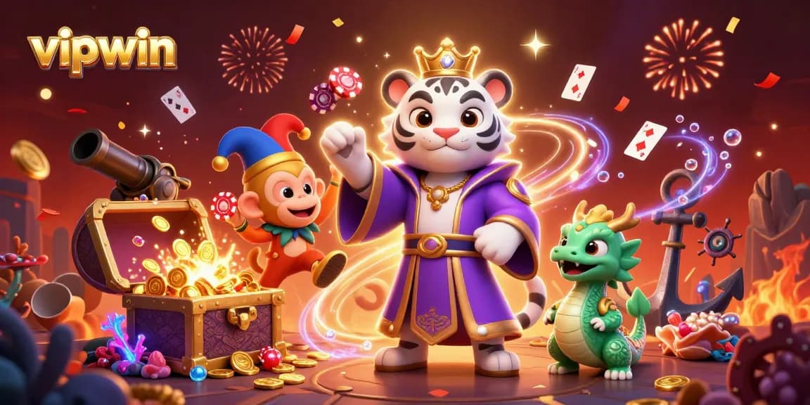 Engage with vipwin's dynamic scene of a royal tiger, jester monkey, and jade dragon for an exciting online casino experience