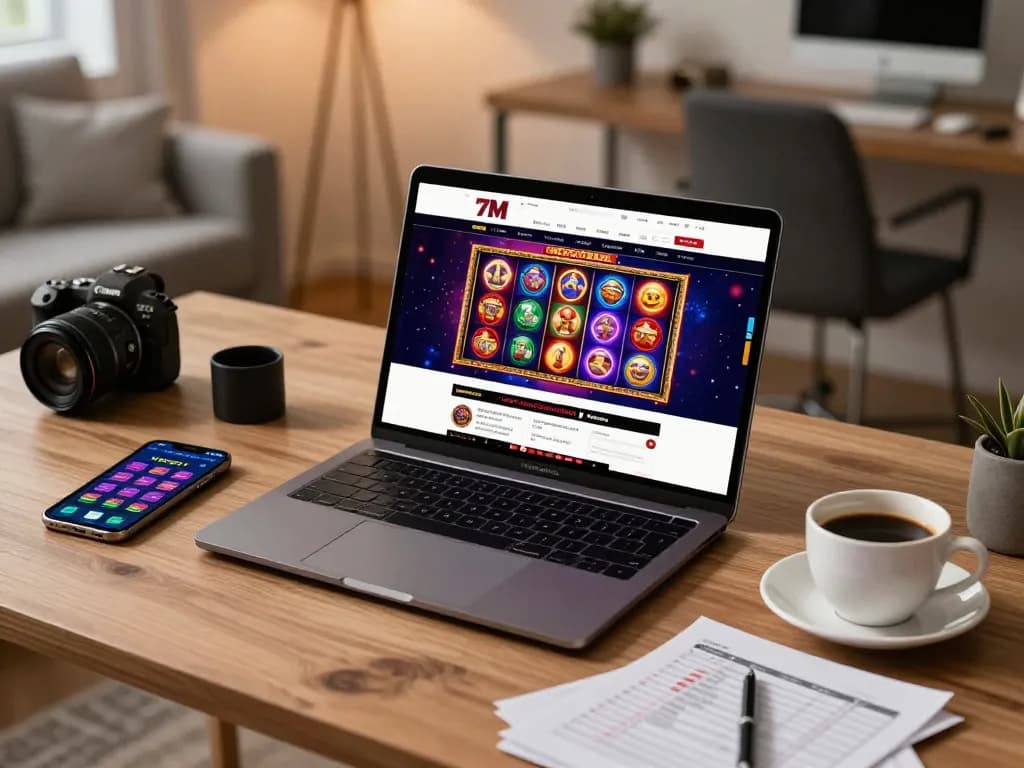 Engaged user playing slot games on 7M casino platform, showcasing vibrant online gambling atmosphere