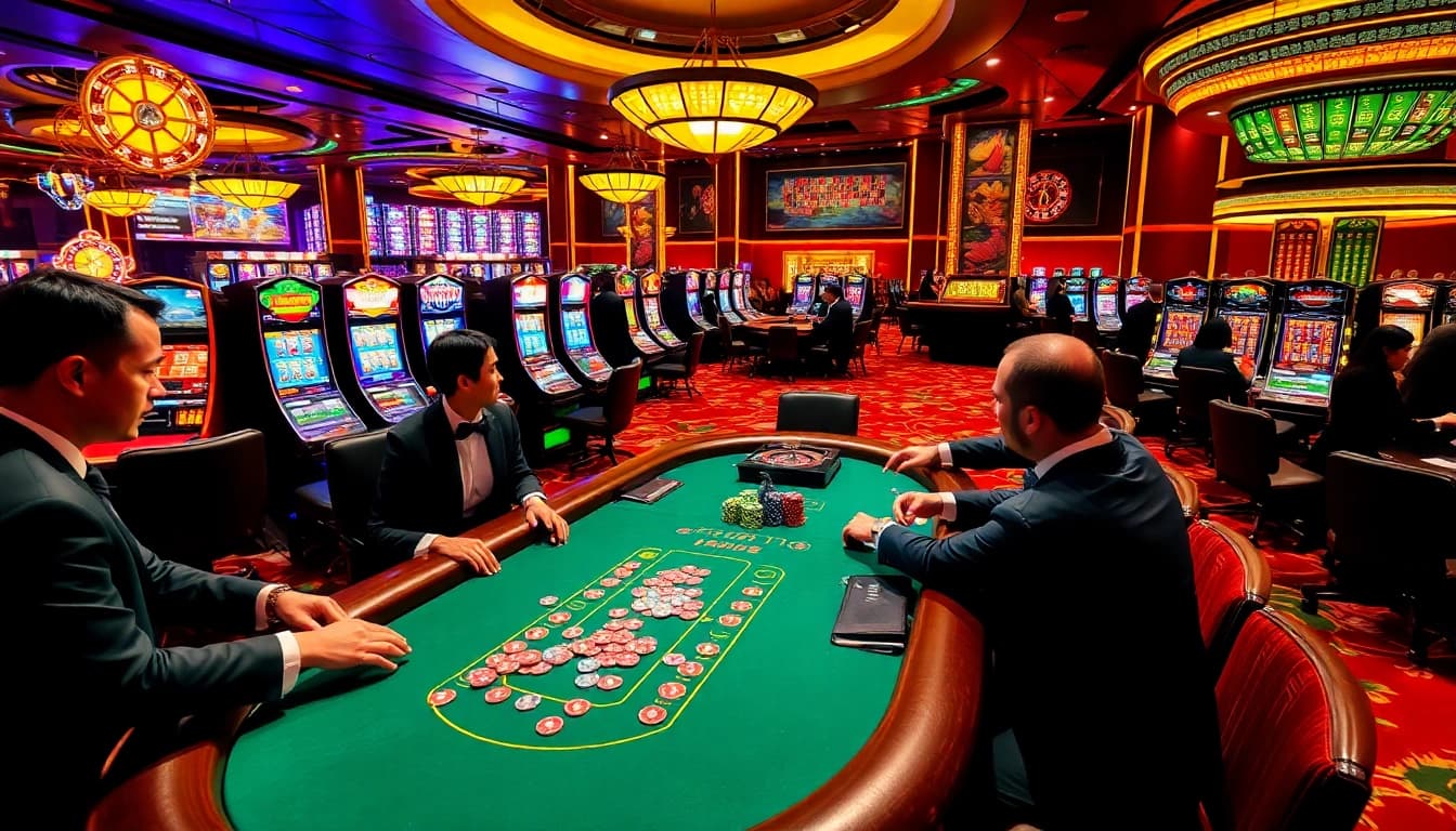An engaging casino scene with poker games at https://xx88.day/, showcasing players, chips, and vibrant slot machines.