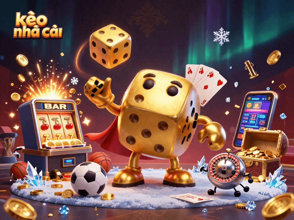 Engaging scene of kèo nhà cái showing sports betting elements, golden dice, and dynamic casino action.