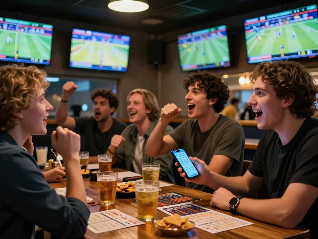 Friends engaged in live sports betting at a bar, Okwintv smartphone app displaying game odds.