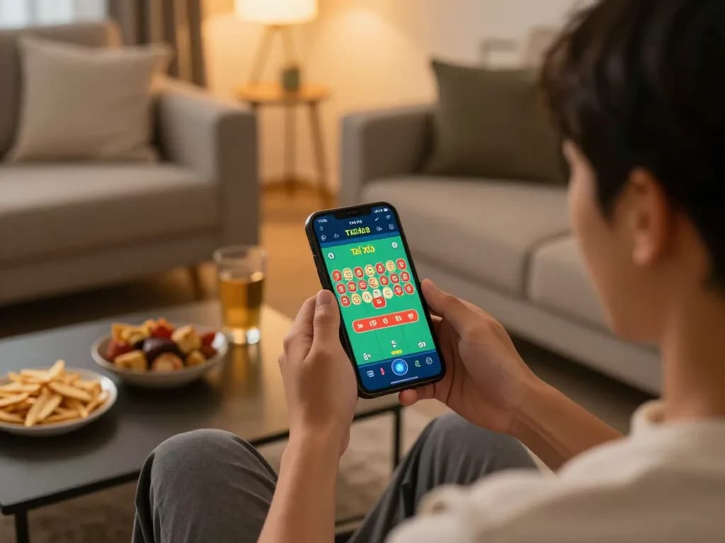 Engaged player using taixiuonline8 mobile app for Tài Xỉu, showcasing online gambling excitement in a cozy home setting.