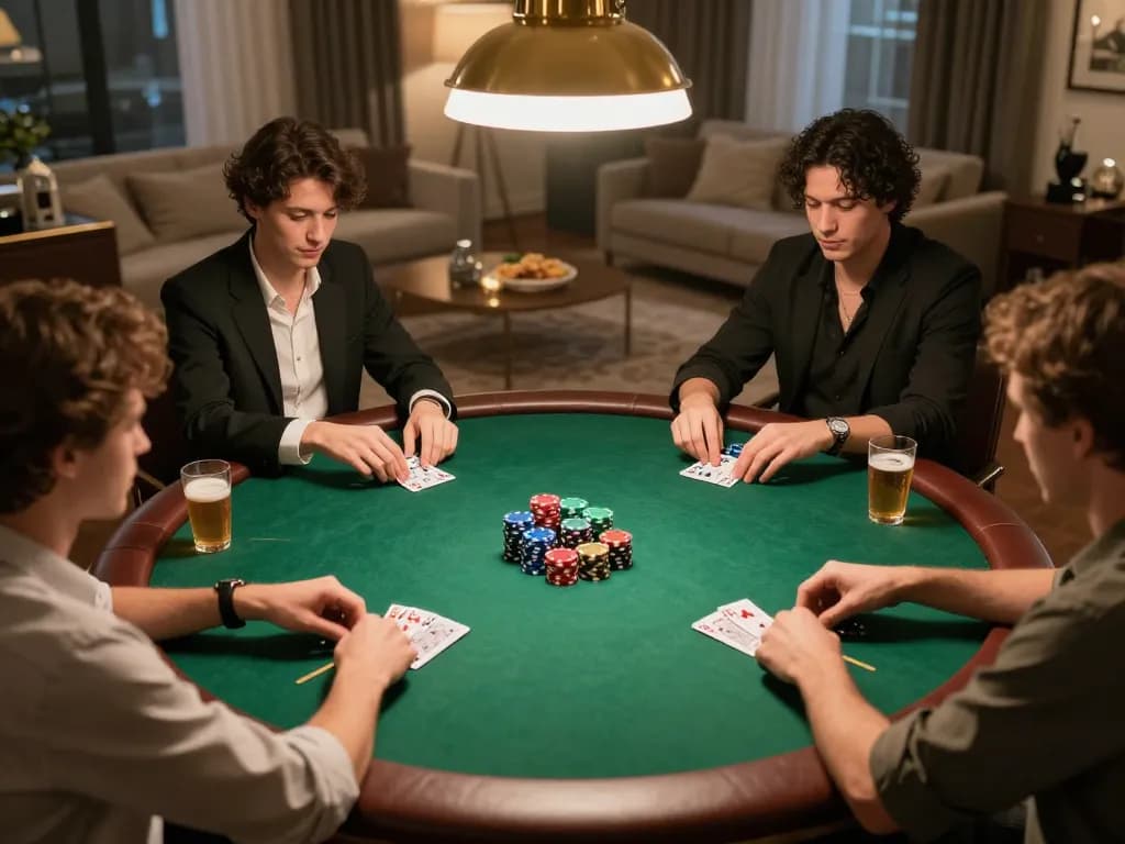 Friends enjoy poker night at home with nhà cái 9bet strategy, chips stacked and cards held.