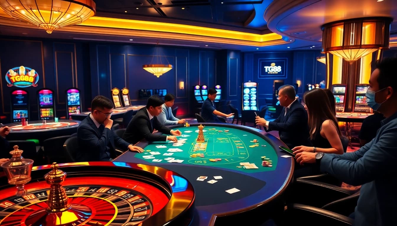 TG88 players enjoying a vibrant casino atmosphere with cards and roulette wheels spinning.