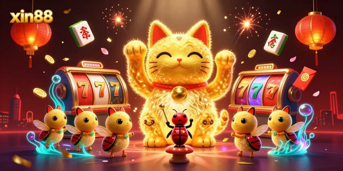 Experience xin88's vibrant casino world with a golden lucky cat and dynamic game elements.