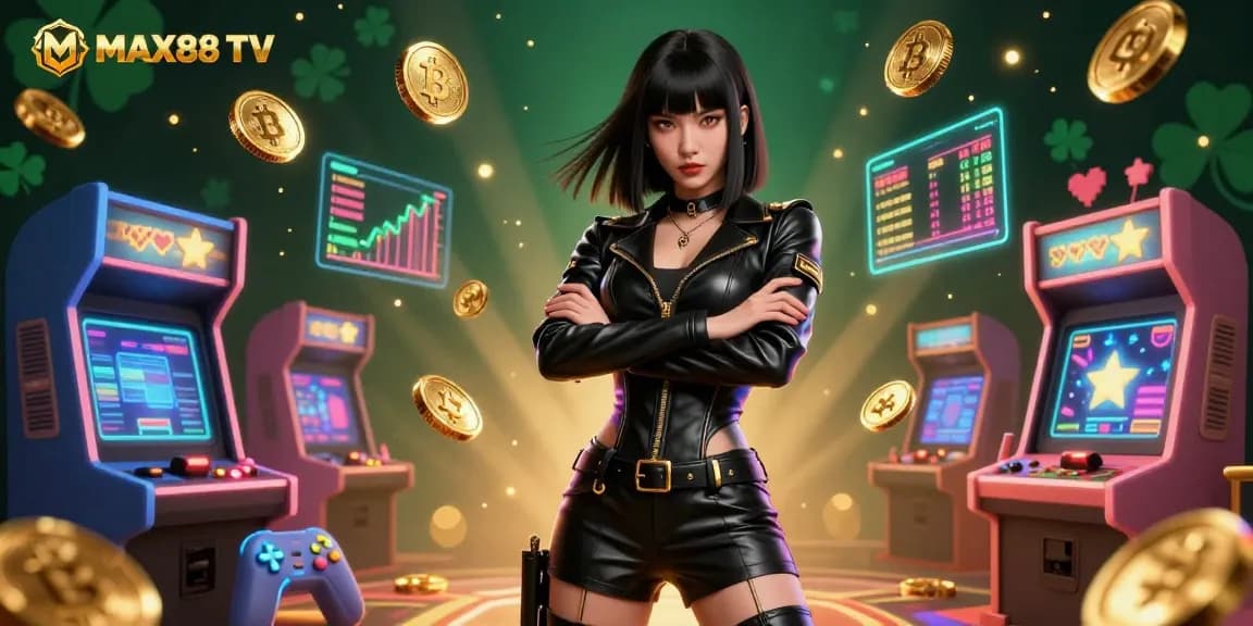 Win big at MAX88 TV with vibrant 3D casino gaming elements featuring a powerful female character in a futuristic setting.