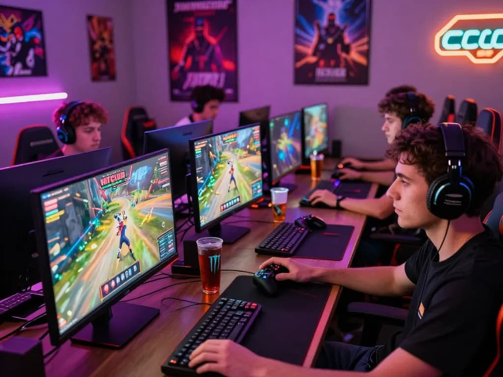 Hitclub gaming community engaged in intense play, showcasing vibrant gaming setups and dynamic visuals.