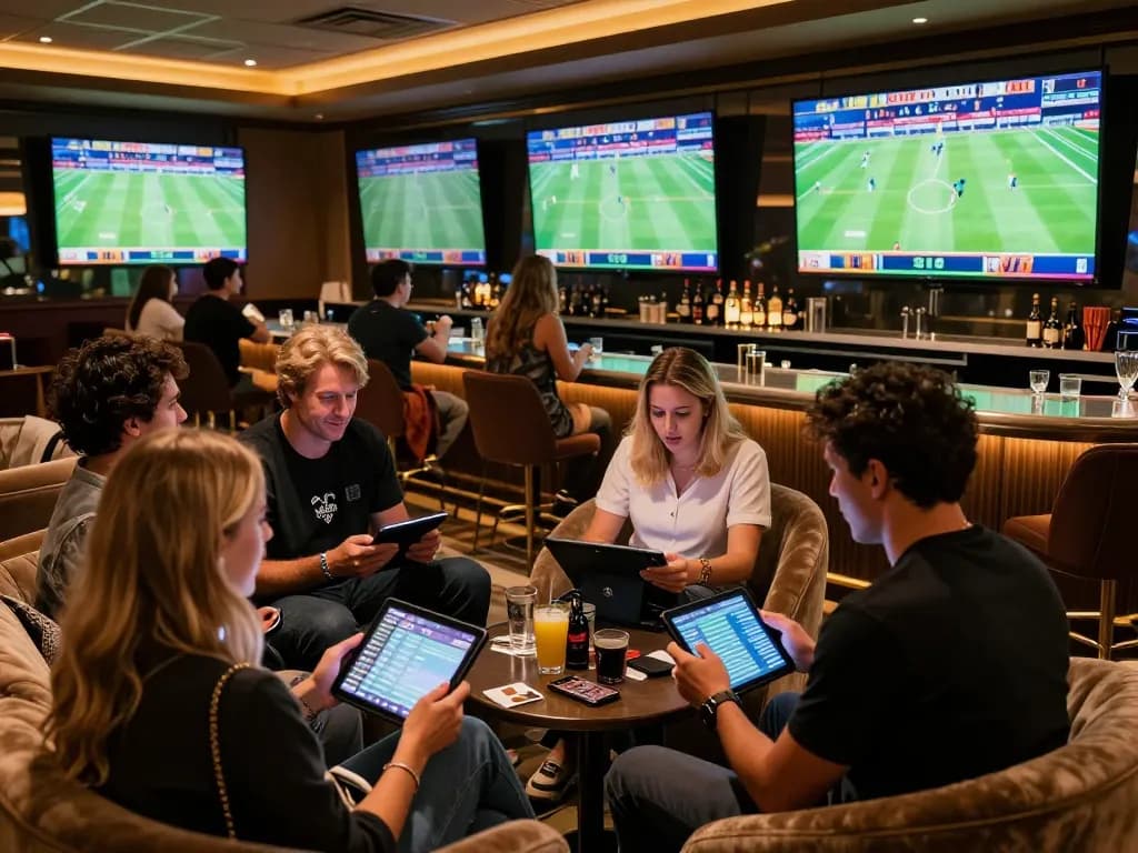 Sports fans reviewing soi kèo insights in a luxurious betting lounge during live matches