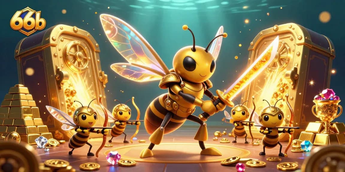 Engage with the 66b gaming world featuring a hornet samurai amidst treasures and archers.