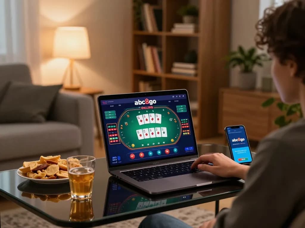 Experience online gaming at abc8go with an immersive home setup, laptop showcasing poker.