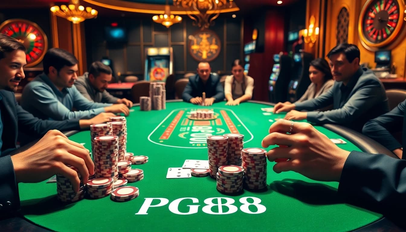 Players engaged in an intense game at a PG88 poker table in a luxurious casino setting.