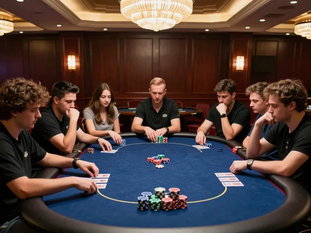 Engaged players at a poker table on gamebaidoithuong8 site strategizing bets in a luxurious casino.