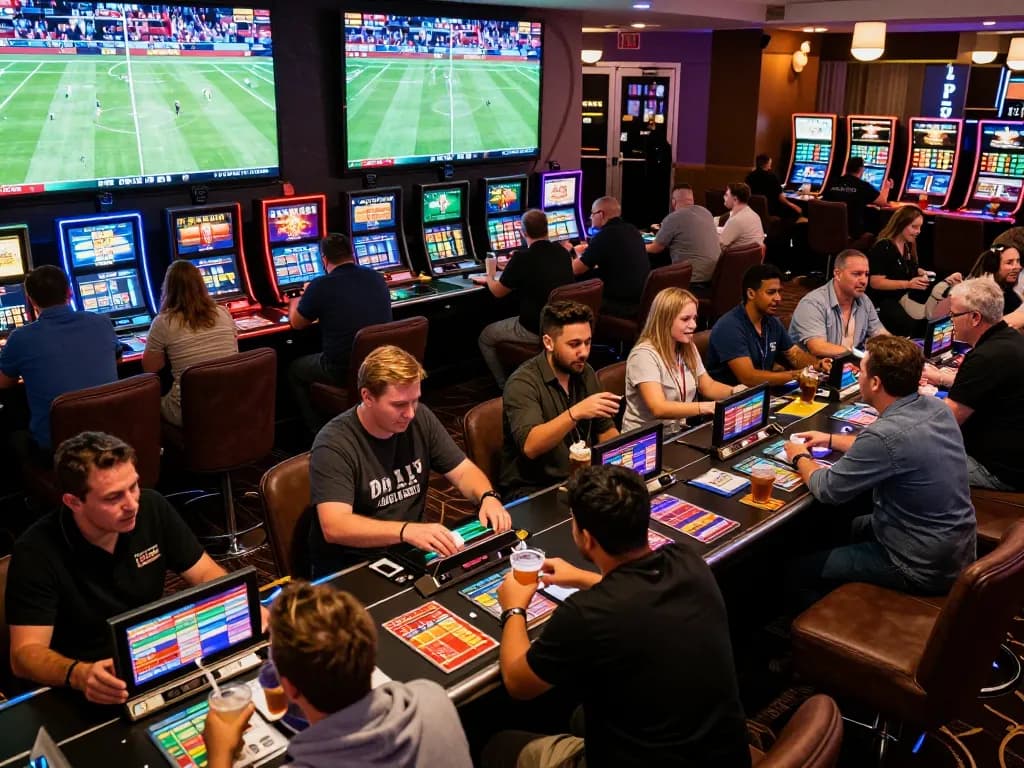 Nohu sports betting excitement with bettors placing wagers in a bustling casino.