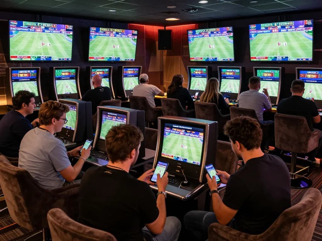 Kèo Nhà Cái 5 betting scene with enthusiastic bettors engaging in strategic decisions at a luxury sports lounge.