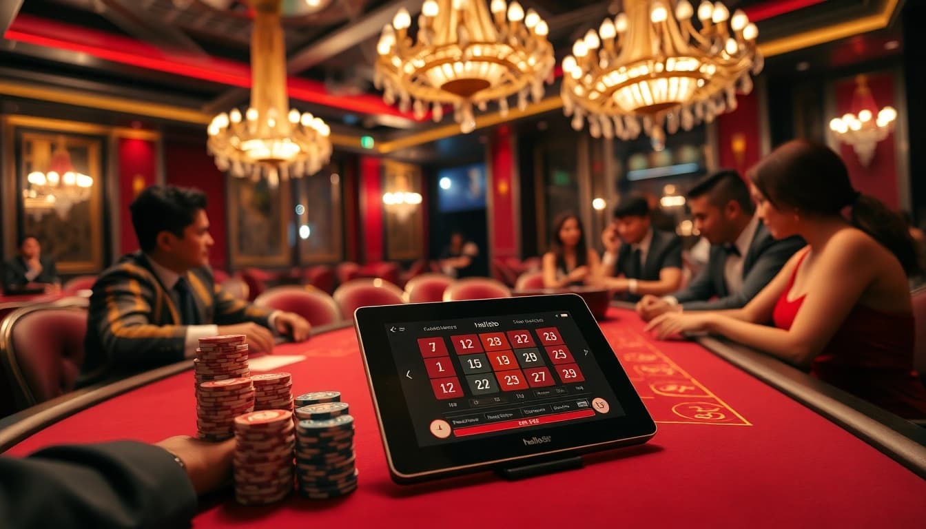 Experience the excitement of hello88 with a luxurious casino scene featuring vibrant games and betting action.