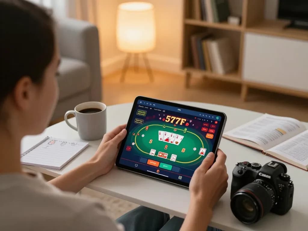 Player engaging with 577F casino app on tablet, showcasing a cozy gaming atmosphere.