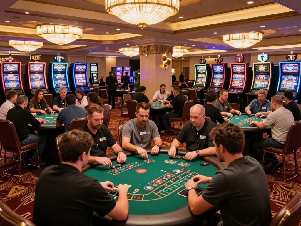 Players at GO8 casino strategically placing bets at blackjack tables in a vibrant atmosphere