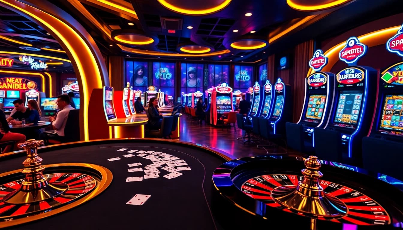 The captivating online casino interface showcasing vaoluoitv com with engaging poker tables and vibrant slot machines in a luxurious setting.