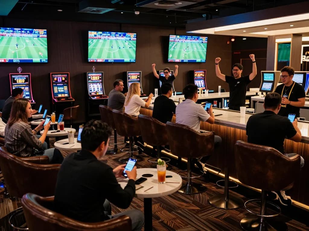 Sports betting patrons engaged with mobile apps and live screens, enhancing their keo nha cai experience.