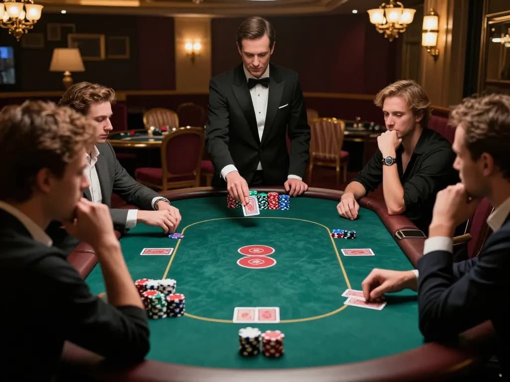 Okwintv players strategizing in a luxurious poker game at a high-end casino.