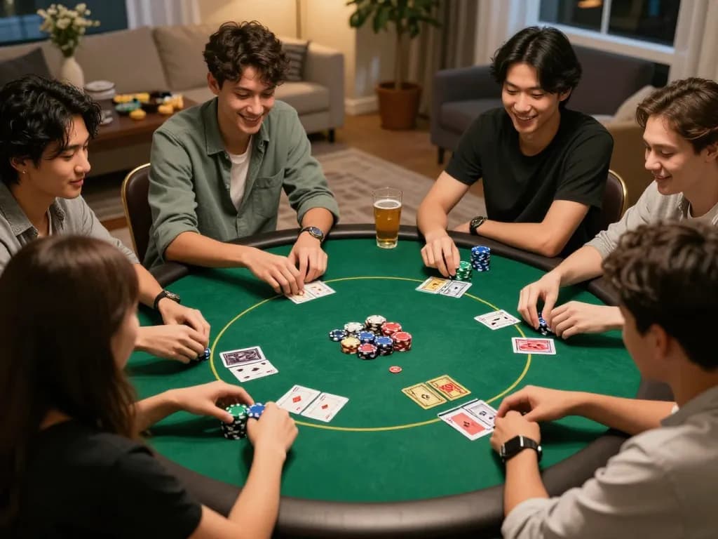 Engaging poker game scene at home with friends enjoying Go8 cards and chips in warm lighting.