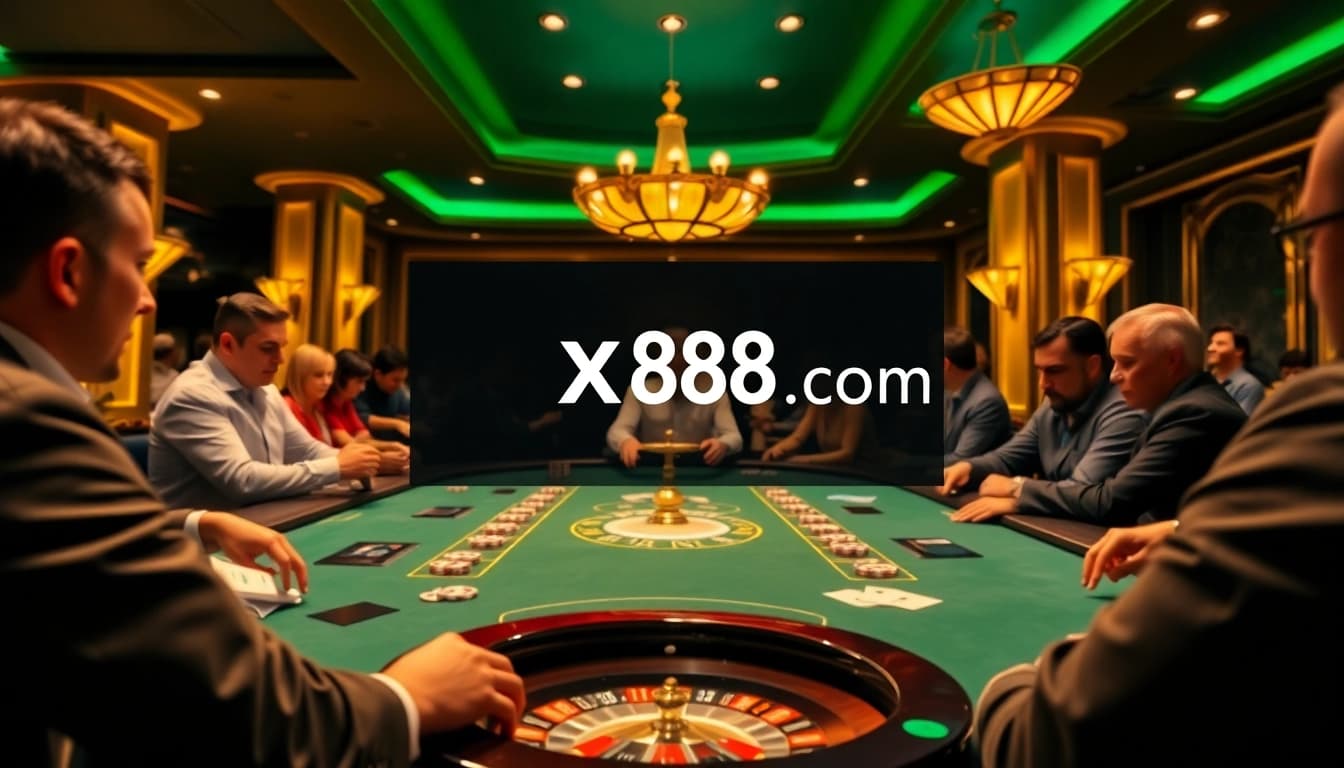 Players engaged in a high-stakes poker game at xx88.com, showcasing excitement and luxury.