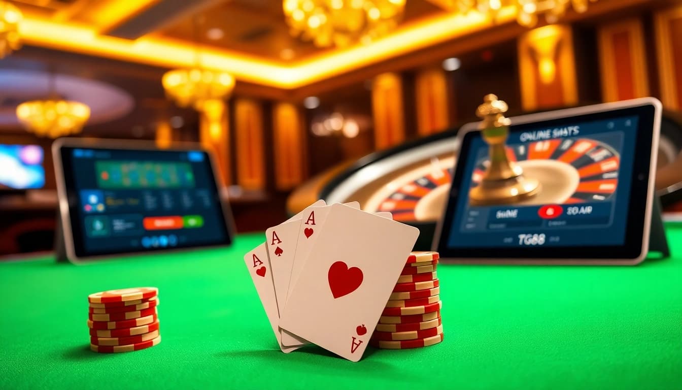 Experience the excitement of tg88 đăng nhập at a luxurious casino table with vibrant poker chips and cards.